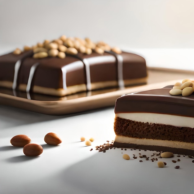 Cake pieces with liquid chocolate and peanuts