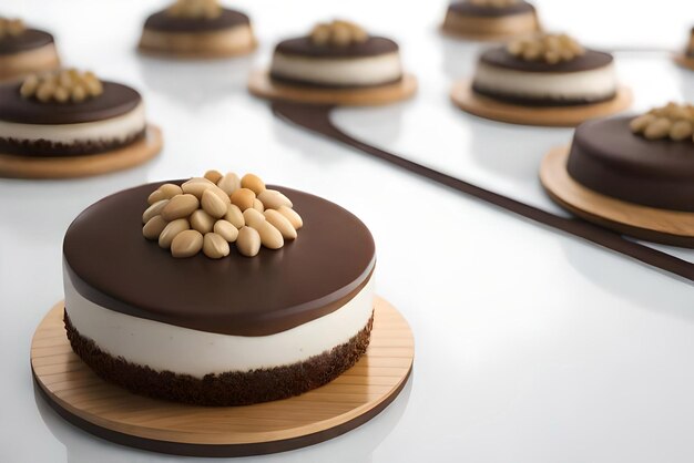 Cake pieces with liquid chocolate and peanuts