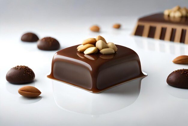 Cake pieces with liquid chocolate and peanuts