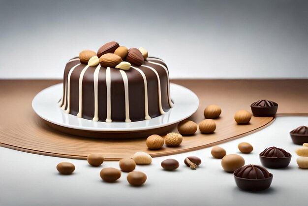 Cake pieces with liquid chocolate and peanuts