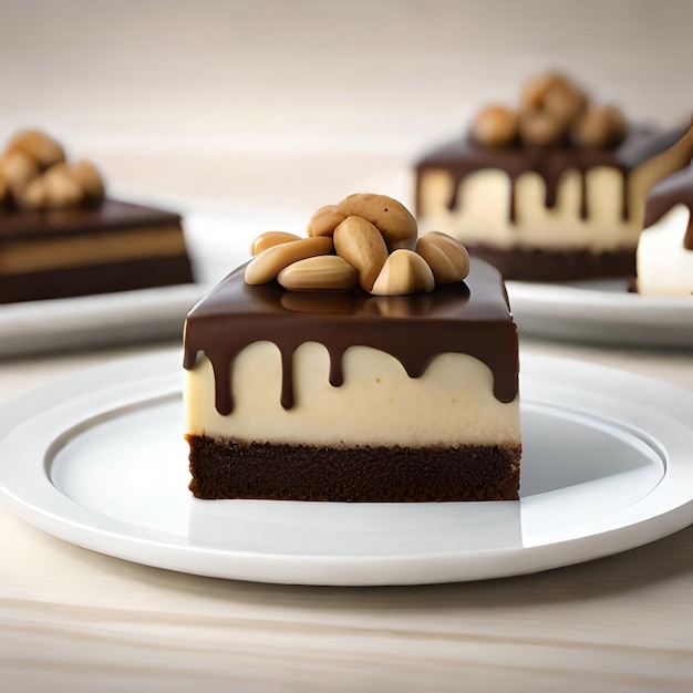 Cake pieces with liquid chocolate and peanuts