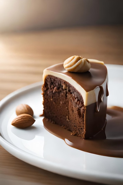 Cake pieces with liquid chocolate and peanuts