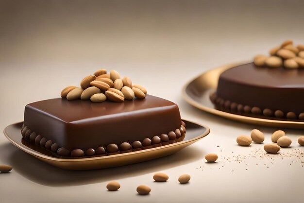 Cake pieces with liquid chocolate and peanuts