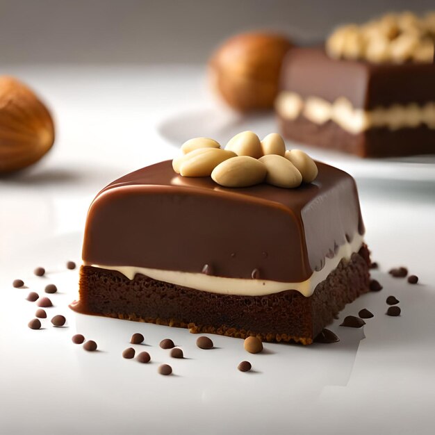 Cake pieces with liquid chocolate and peanuts