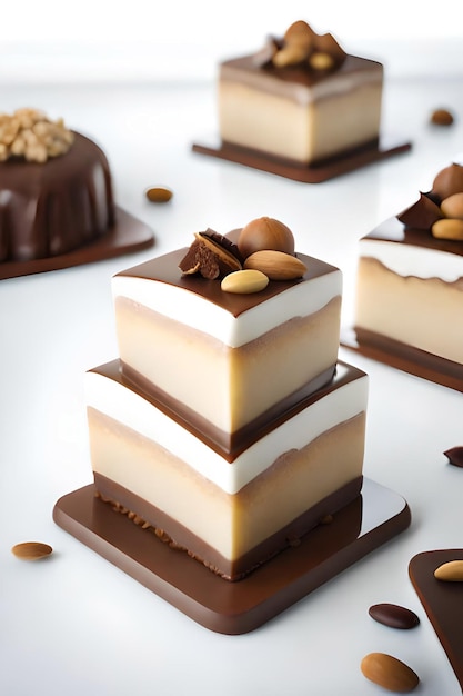 Cake pieces with liquid chocolate and peanuts