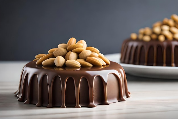 Cake pieces with liquid chocolate and peanuts