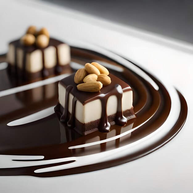 Cake pieces with liquid chocolate and peanuts