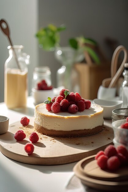 Cake plate and raspberry teas created by Ai Generated