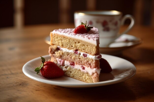 a cake on a plate with a cup and a cup with a tea cup behind it