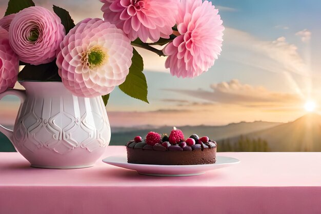 Photo a cake on a plate with flowers on the table