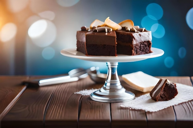 A cake on a plate with a piece of chocolate on it