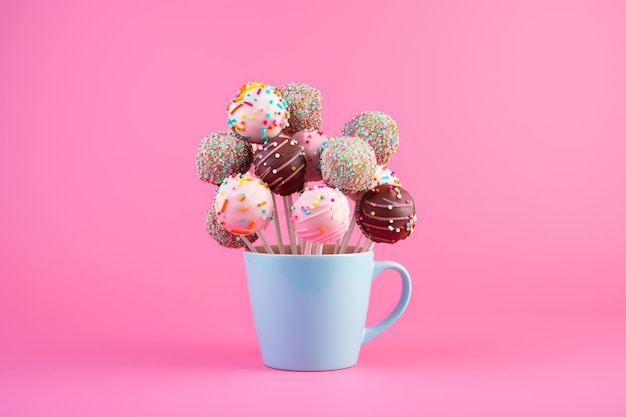 Cake pops in cup on pink background
