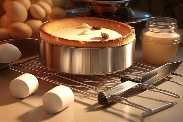 A cake on a rack with eggs on it