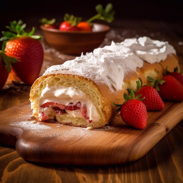 Cake roll with strawberries and cream cheese on a dark wood background generative ai