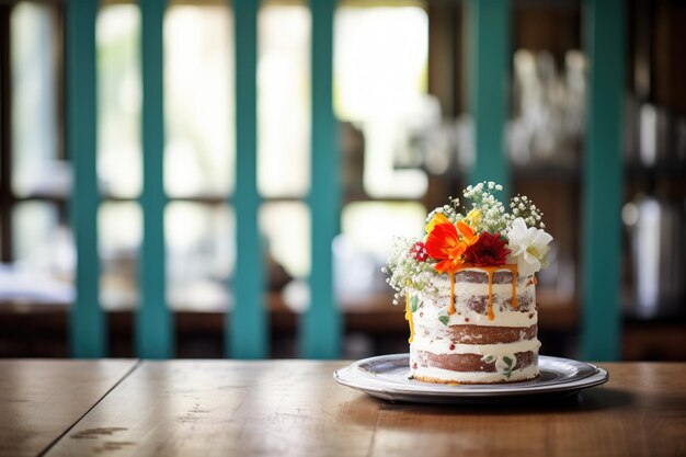 Photo cake on rustic wood table natural light