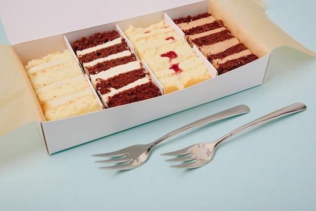 Photo cake slices in a box with forks