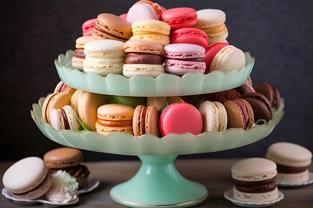 A cake stand with macaroons on it