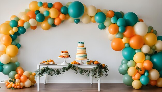 a cake table with a cake and balloons on it