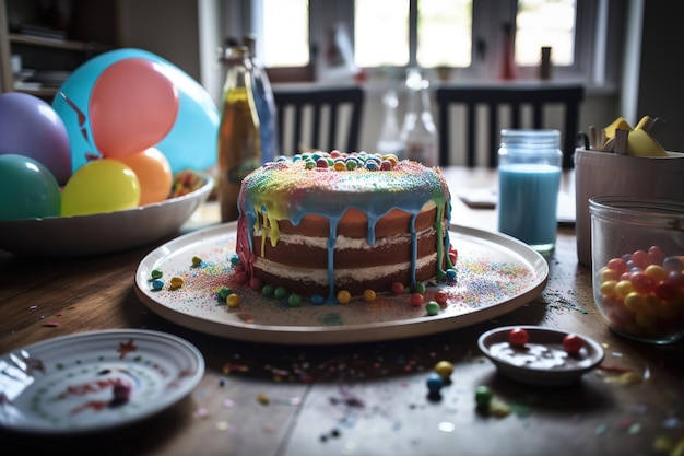 A cake on a table with a colorful balloon on the top