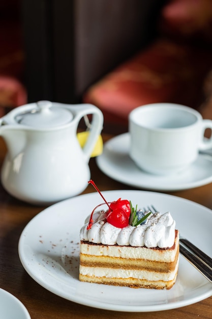 Cake on table with tea dessert relax time