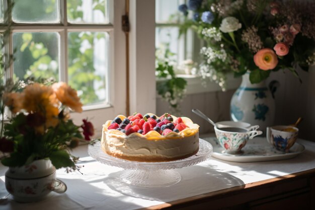 A cake on a table with a vase of flowers in the background