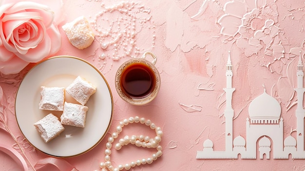 cake tea with intricate white mosque silhouette background and delicate items like pearls and sweet