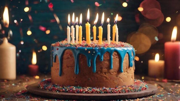 A cake topped with some lit candles before blowing out the cake on a rustic wooden table full of con