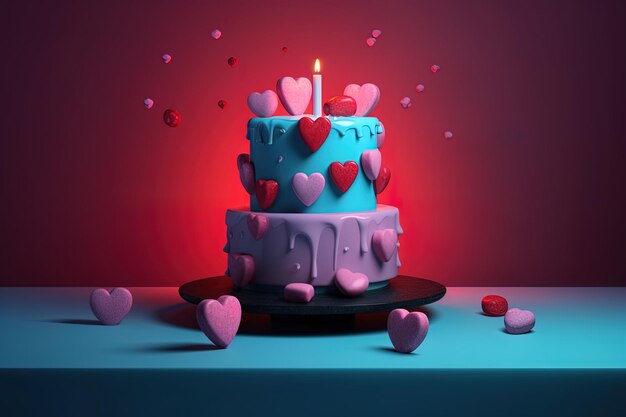 Cake for valentine39s day celebration with floating hearts burning candle and soft light background