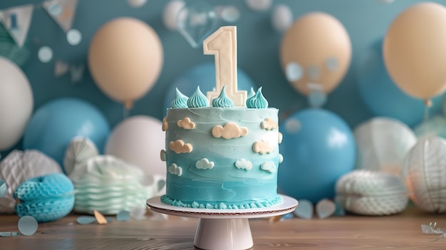 Foto cake versierd topper nummer één voor baby verjaardag op een lichte achtergrond