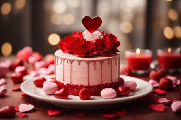 Photo cake wedding dessert with almond cookies and roses