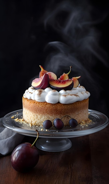 Cake on a white plate with white cream and plum