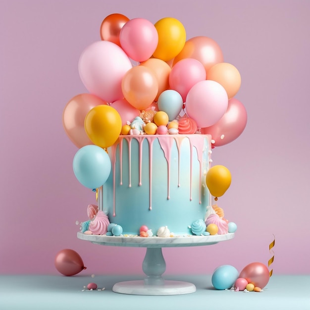 a cake with balloons on it and a cake with the words " happy birthday " on the bottom.