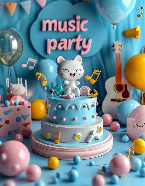 Photo a cake with balloons and music notes