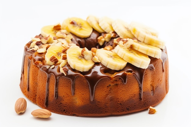 A cake with bananas and nuts on it