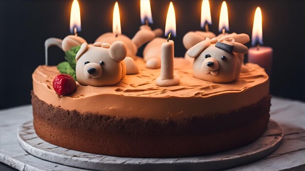 A cake with a bear on it and a candle on it