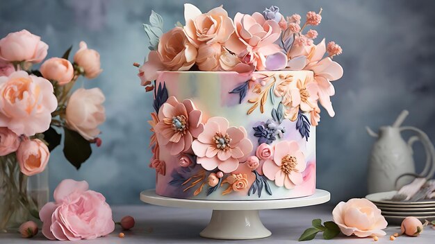 Cake with beautiful floral cake cake design birthday cake weeding floral cake Generative AI