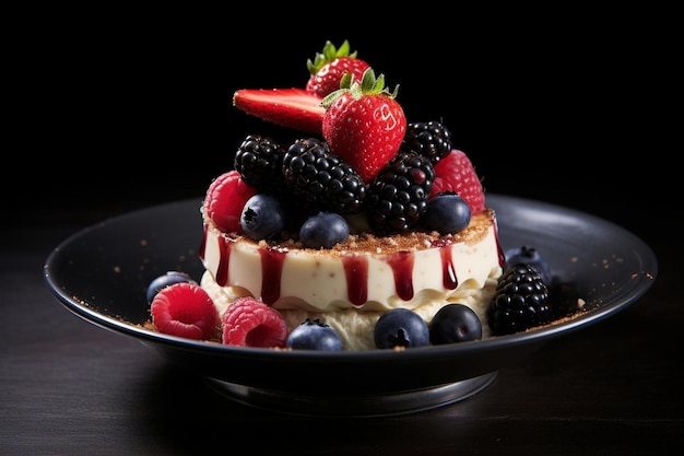 торт с ягодами и ягодами на нем сидит на тарелке.