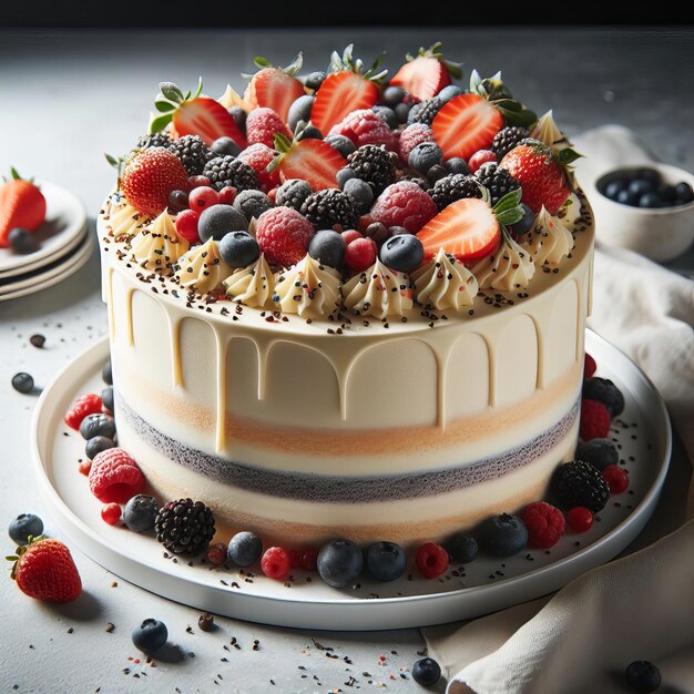 Photo a cake with berries and berries on top of it