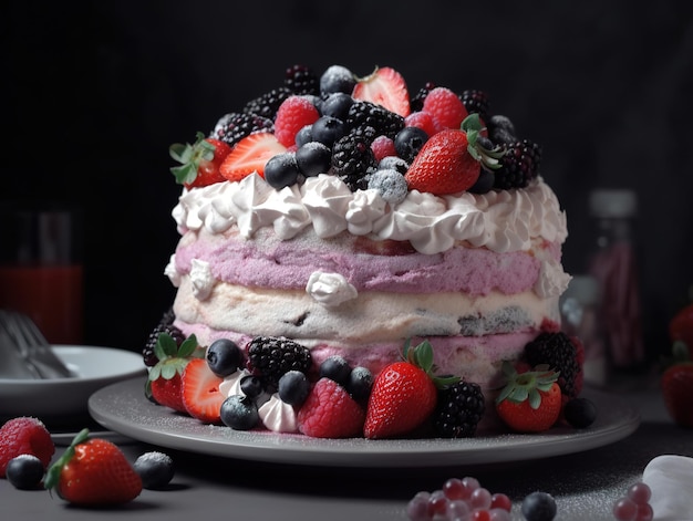 A cake with berries and cream on it