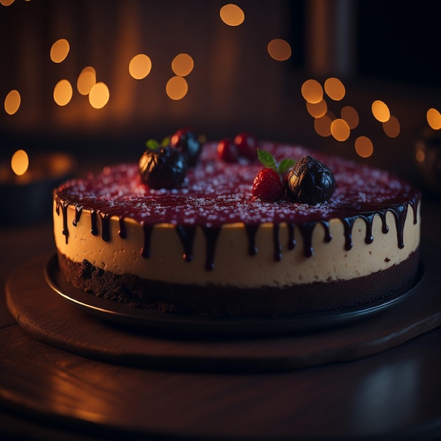 A cake with berries on it and a black background with lights in the background.