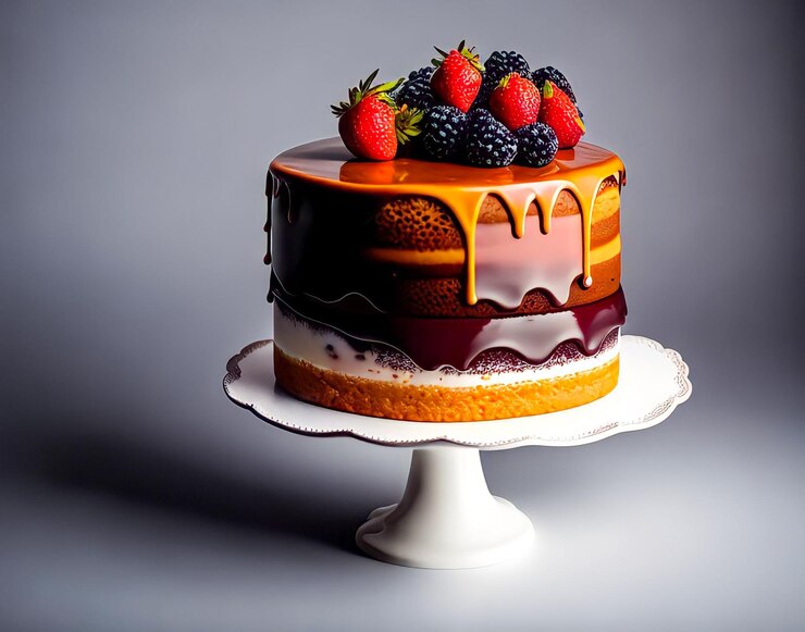 A cake with berries on it and a cake on a white plate.