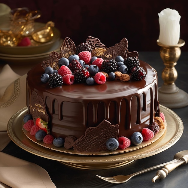 A cake with berries on it and a candle on the table.