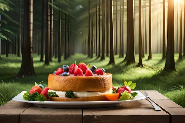 Photo a cake with berries on it in a forest