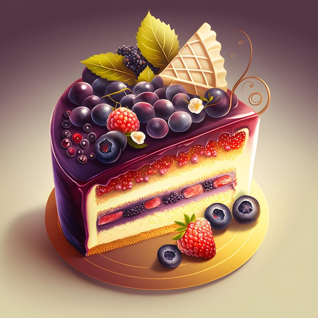 A cake with berries on it is on a brown background