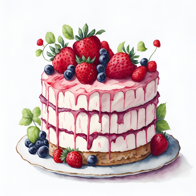 A cake with berries on it is on a plate.