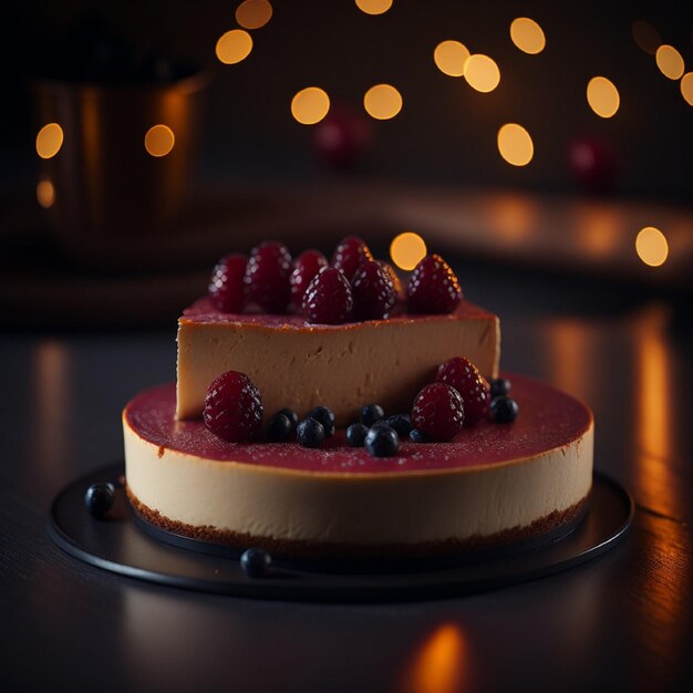 A cake with berries on it is on a table.