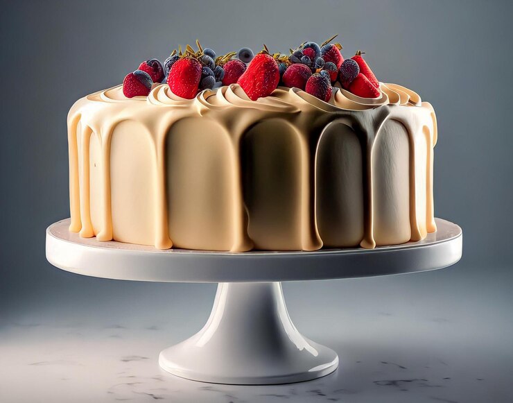 A cake with berries on it is on a white cake stand.