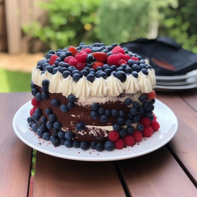 A cake with berries on it is on a wooden table.