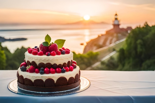 Foto una torta con frutti di bosco si trova su un tavolo con vista sull'acqua e una città sullo sfondo.