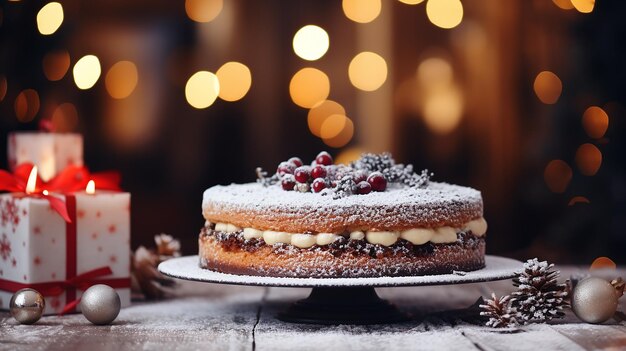 a cake with berries on it sits on a table.